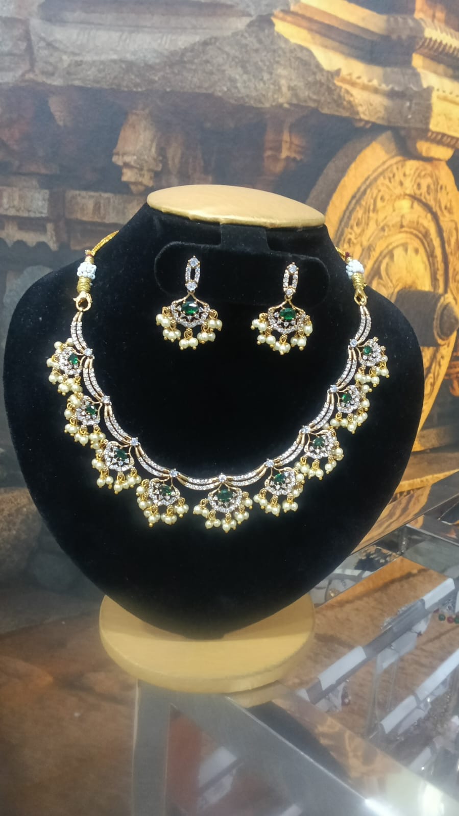 Gold Plated Green White CZ Necklace Set with pearls