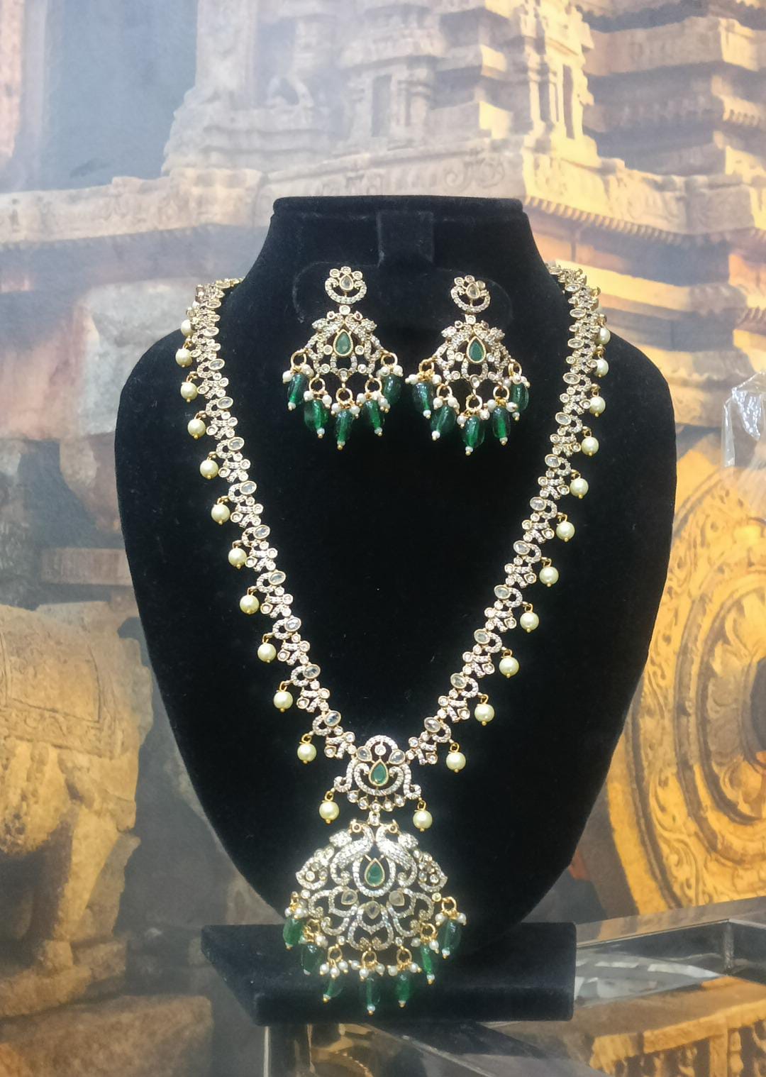 Gold Plated Long Necklace with green drops