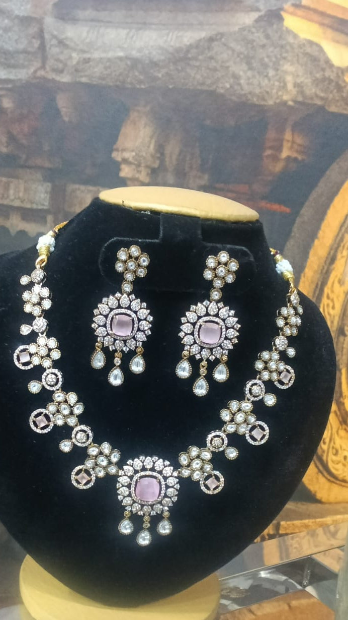 Gold Plated Pink Mozannite Like Necklace set