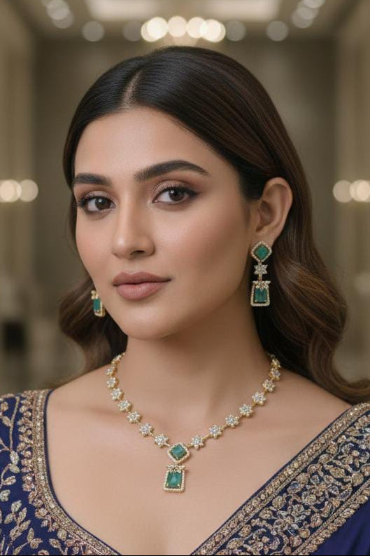 Gold Plated Premium CZ Necklace Set with Mint green /Multicolor layer necklace Stones