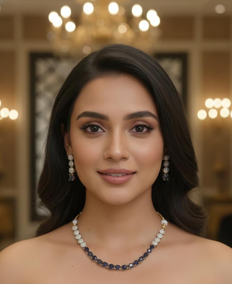 Gold Plated White and Dark Blue CZ Necklace Set