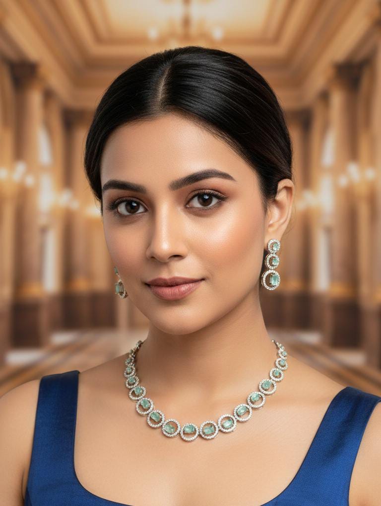 Gold Plated White /Mint green/Mint pink CZ short Necklace Set