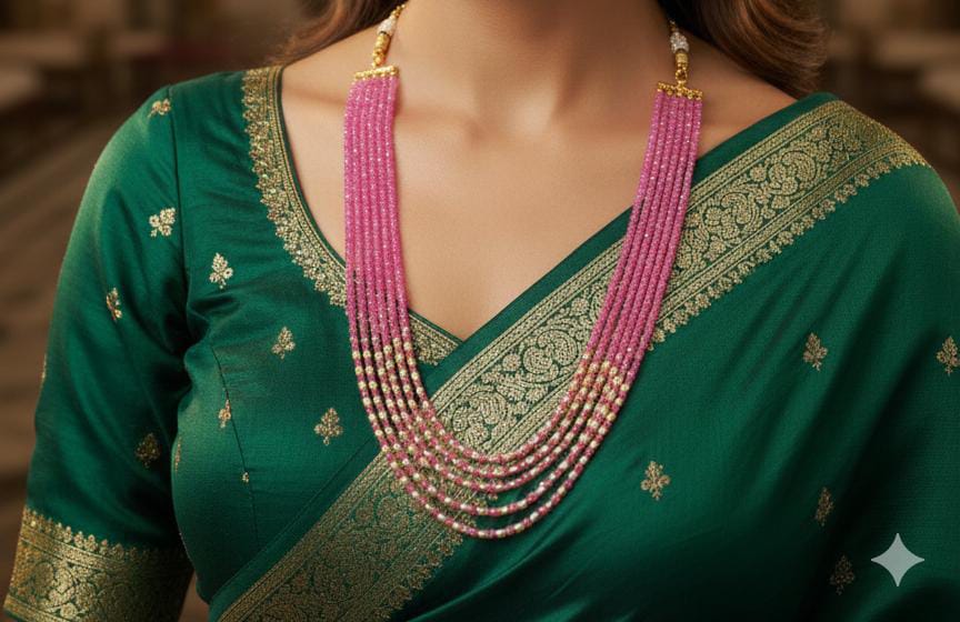 22 inches Long 5 lines Real Pearl with Baby Pink Crystal/Mani Necklace set Multilayer