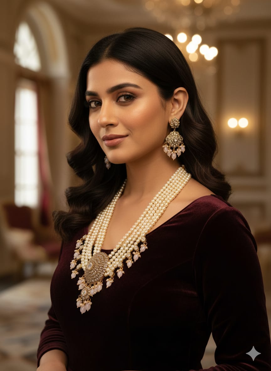 Hyderabadi pearls Maharani layered Har with 25 inches with Kundan and Duldul hangings