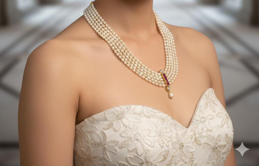 22 inches Long 5 lines Real 6 mm Pearl with golden Crystal/Mani Necklace set Multilayer with Straight kundan pendant