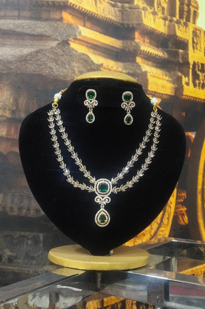 2 layer drop white and green cz necklace set
