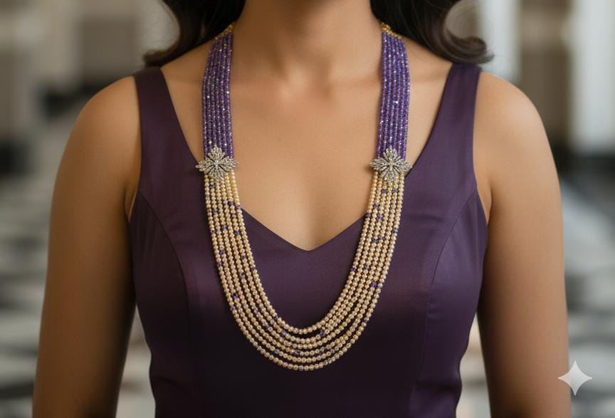 Purple Onex 6 mm 24 inches Long 5 lines Real Pearl with Purple Crystal/Mani Necklace set Multilayer with Drop Cut CZ side Brooch