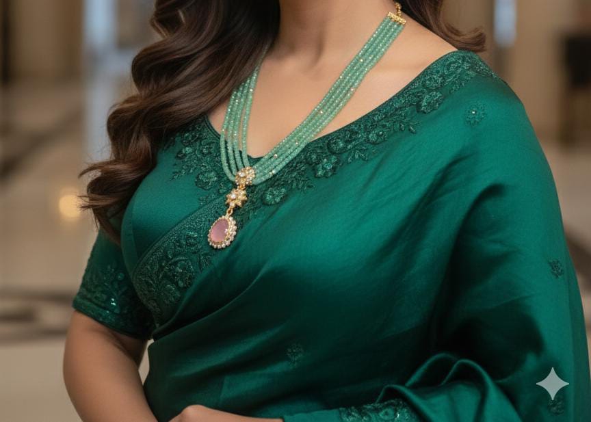 Green cz natural stone with 3 mm Hyderabdi pearl in zig zag pattern 3 layer Necklace 20 inches