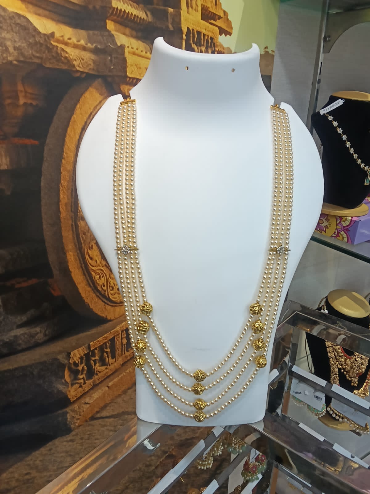 4 lines 4 mm hyderabadi pearl 22 inches with handmade gundu balls Necklace 20 inches