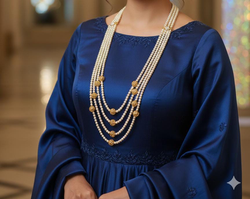 4 lines 4 mm hyderabadi pearl 22 inches with handmade gundu balls Necklace 20 inches