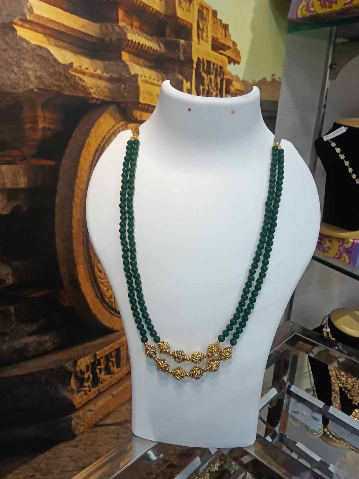 6 mm natural jade stone 2 layer with handmade gundu balls Necklace 20 inches