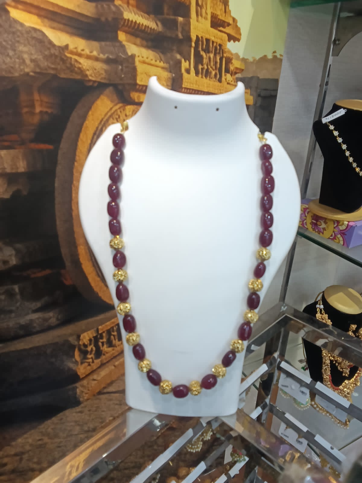 Maroon Dubel Natural stones with Handmade gundu balls Necklace 21 inches