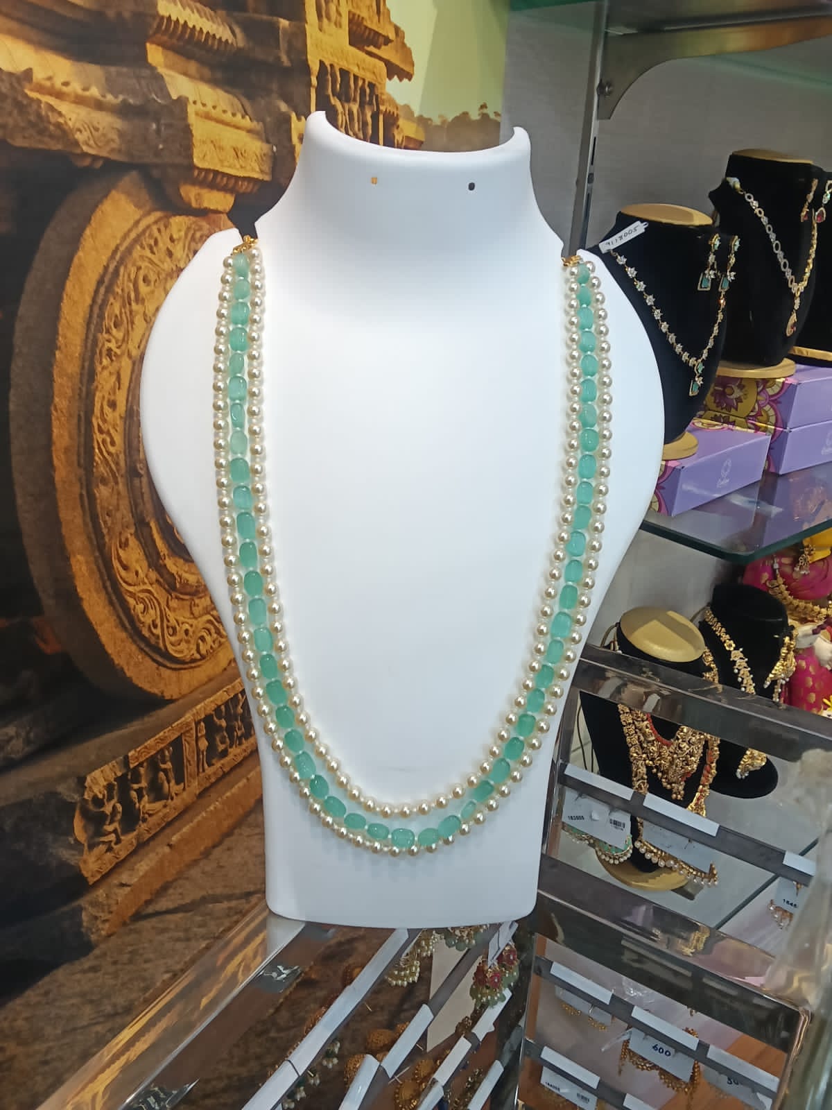 Flat Onyx Natural stones with 6mm hyderabadi pearls Necklace 22 inches