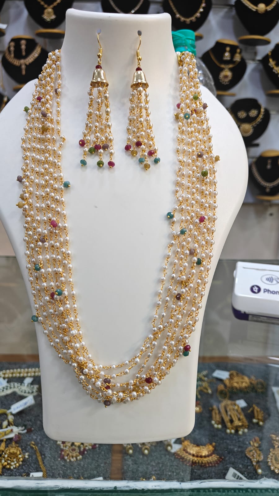 9 lines Small Pearls with small jade crystals Amrapalli Design Necklace Set