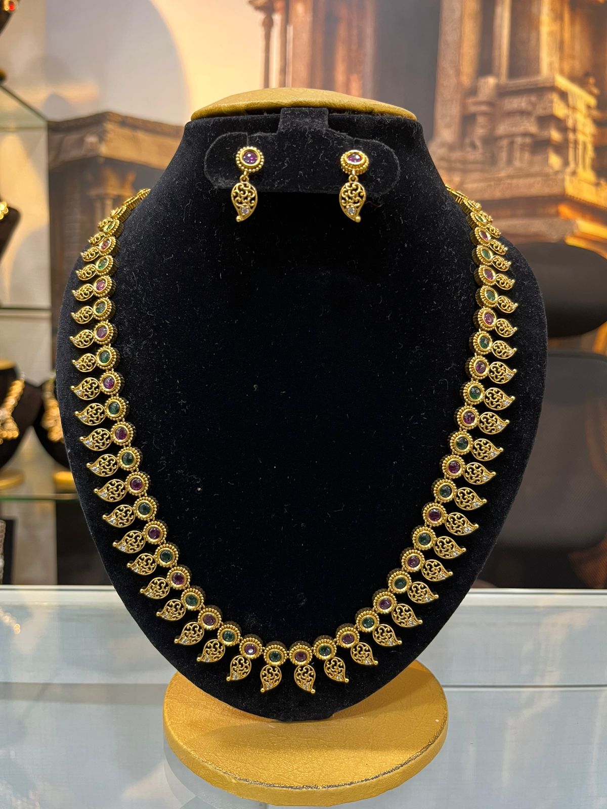 Gold Plated Long Kasu Laxmi Necklace Haram Set with mango