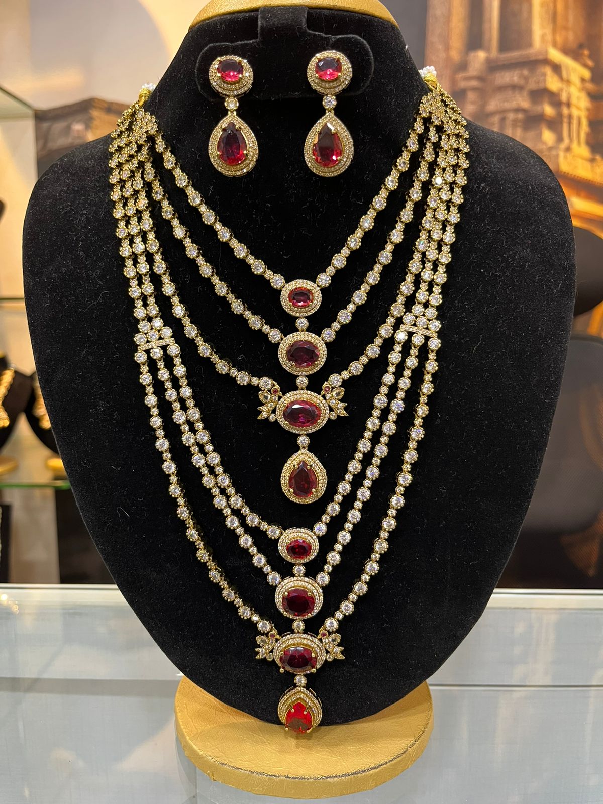 Gold Plated Ruby RED Combo AD Necklace Set short/long