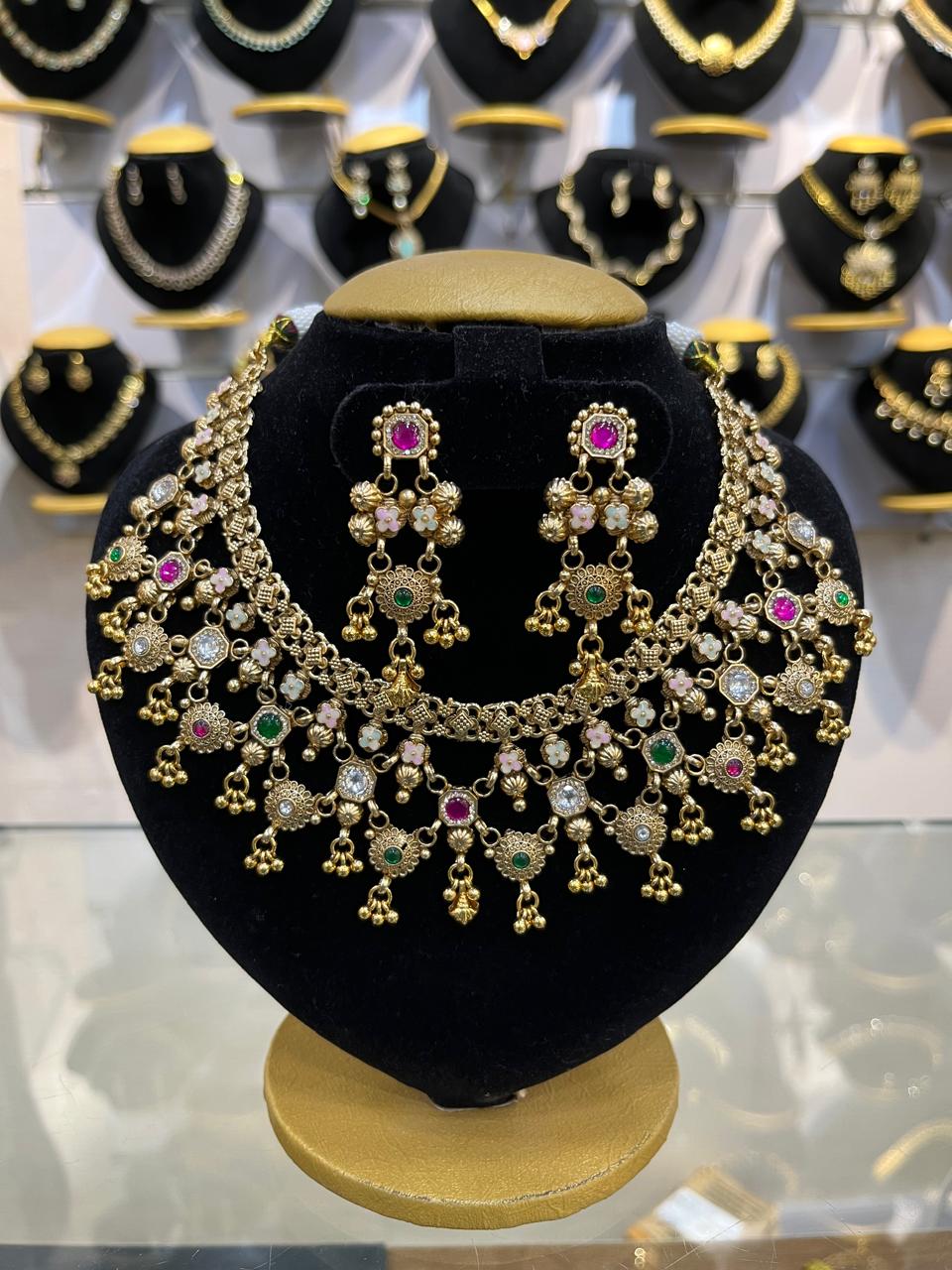 Gold Plated Heritage collection Necklace Set with real kundan and kempu stones