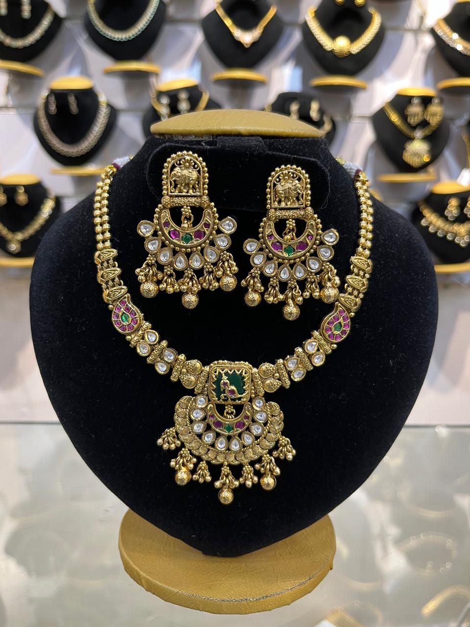 Gold Plated Heritage collection Necklace Set with real kundan and kempu stones