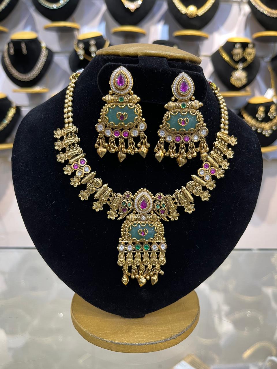 Gold Plated Heritage collection Necklace Set with pachi kundan and kempu stones