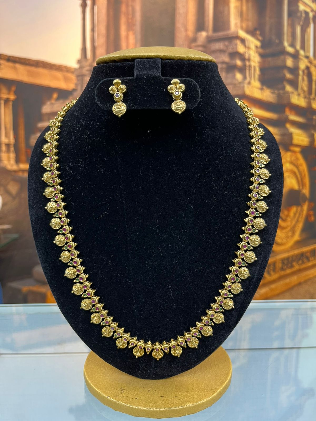 Gold Plated Long Temple Necklace Set