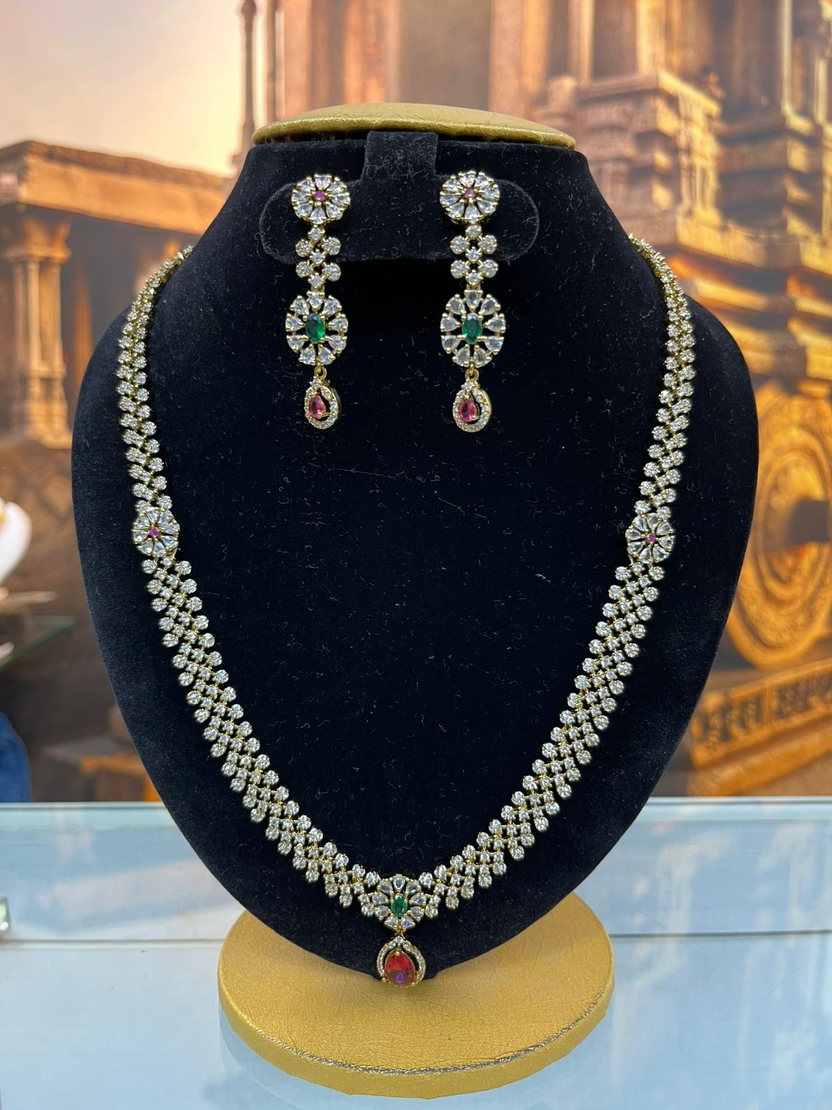 Gold Plated Long CZ Necklace Set