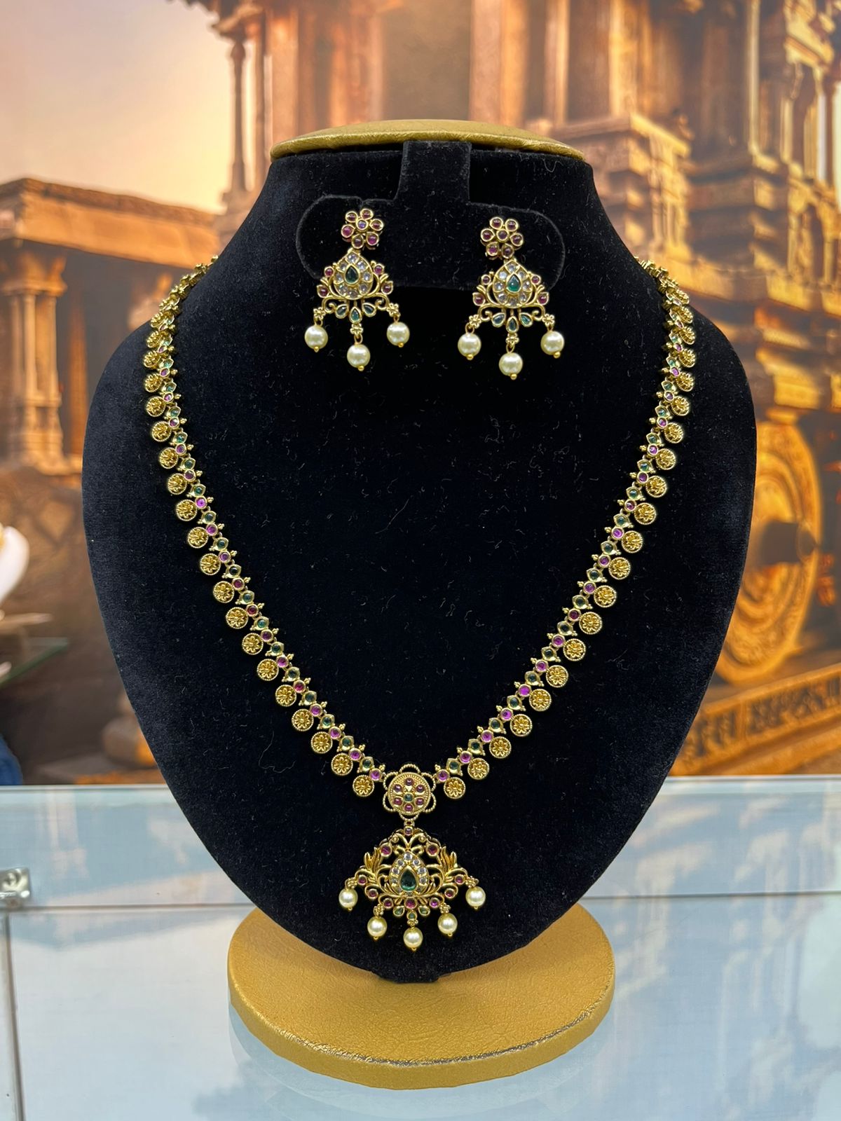 Gold Plated Long Temple Necklace Set