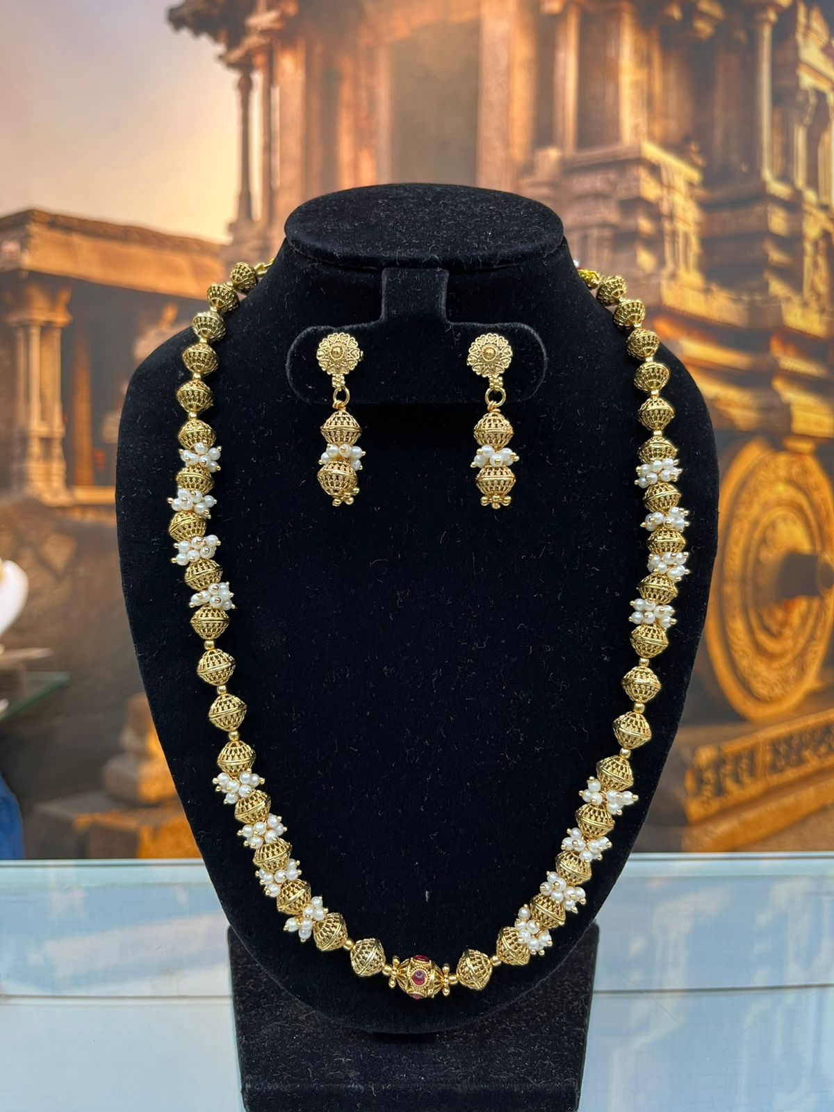 Gold Plated Long Necklace Set with Gundu and pearls