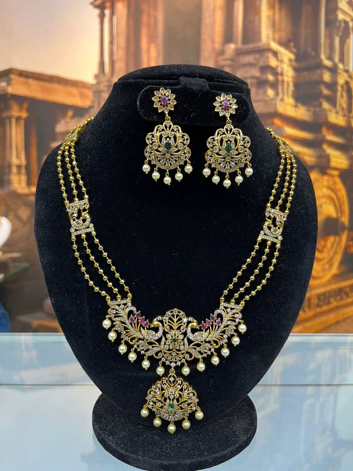 Gold Plated Three Line Ball Chain Long necklace Set
