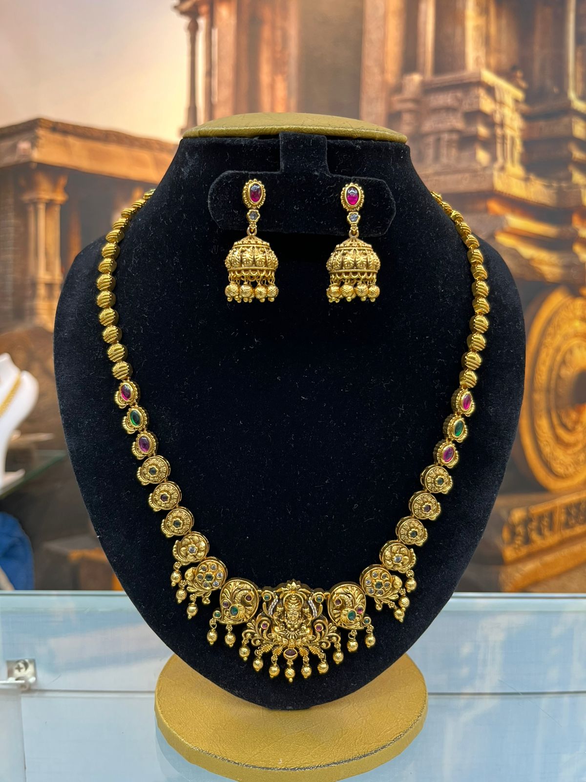 Gold Plated Long Temple Necklace Set