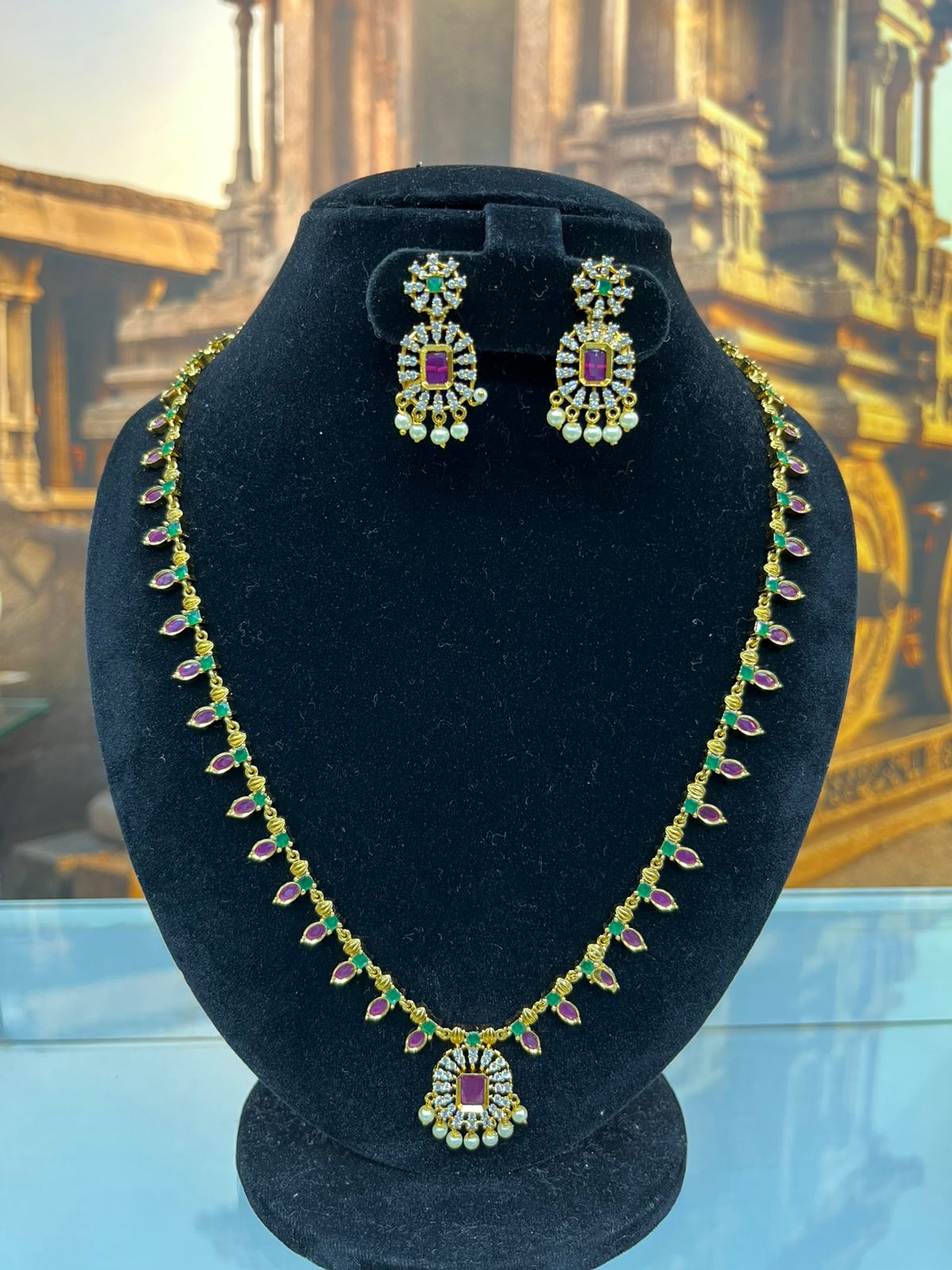Gold Plated Long CZ Necklace Set