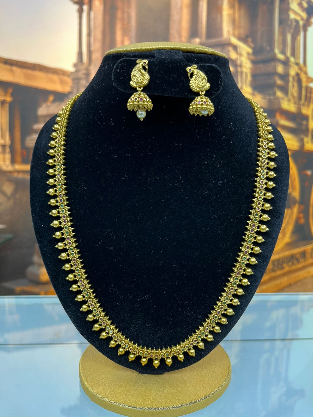 Gold Plated Long Temple Necklace Set