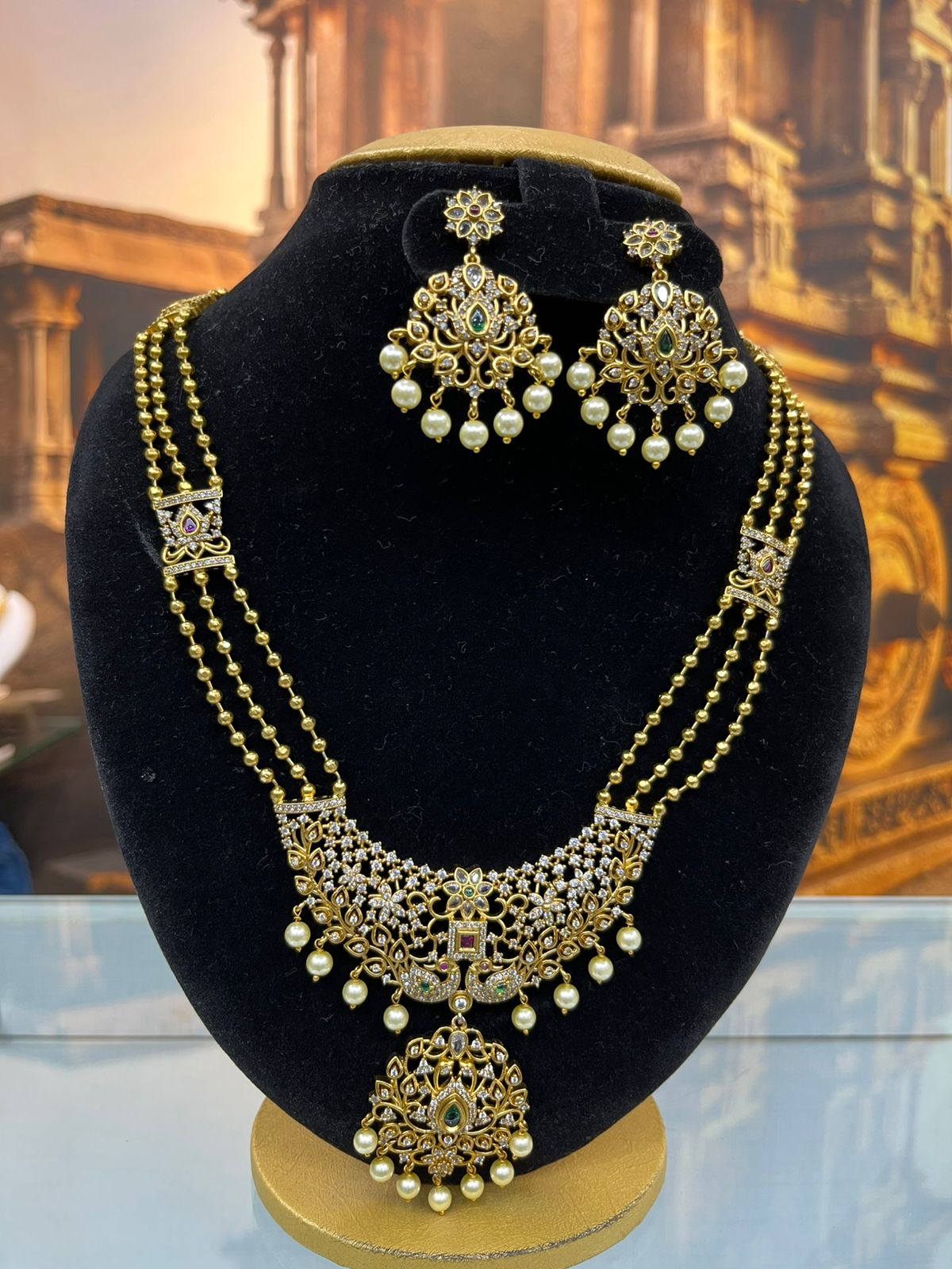 Gold Plated Three Line Ball Chain Long necklace Set