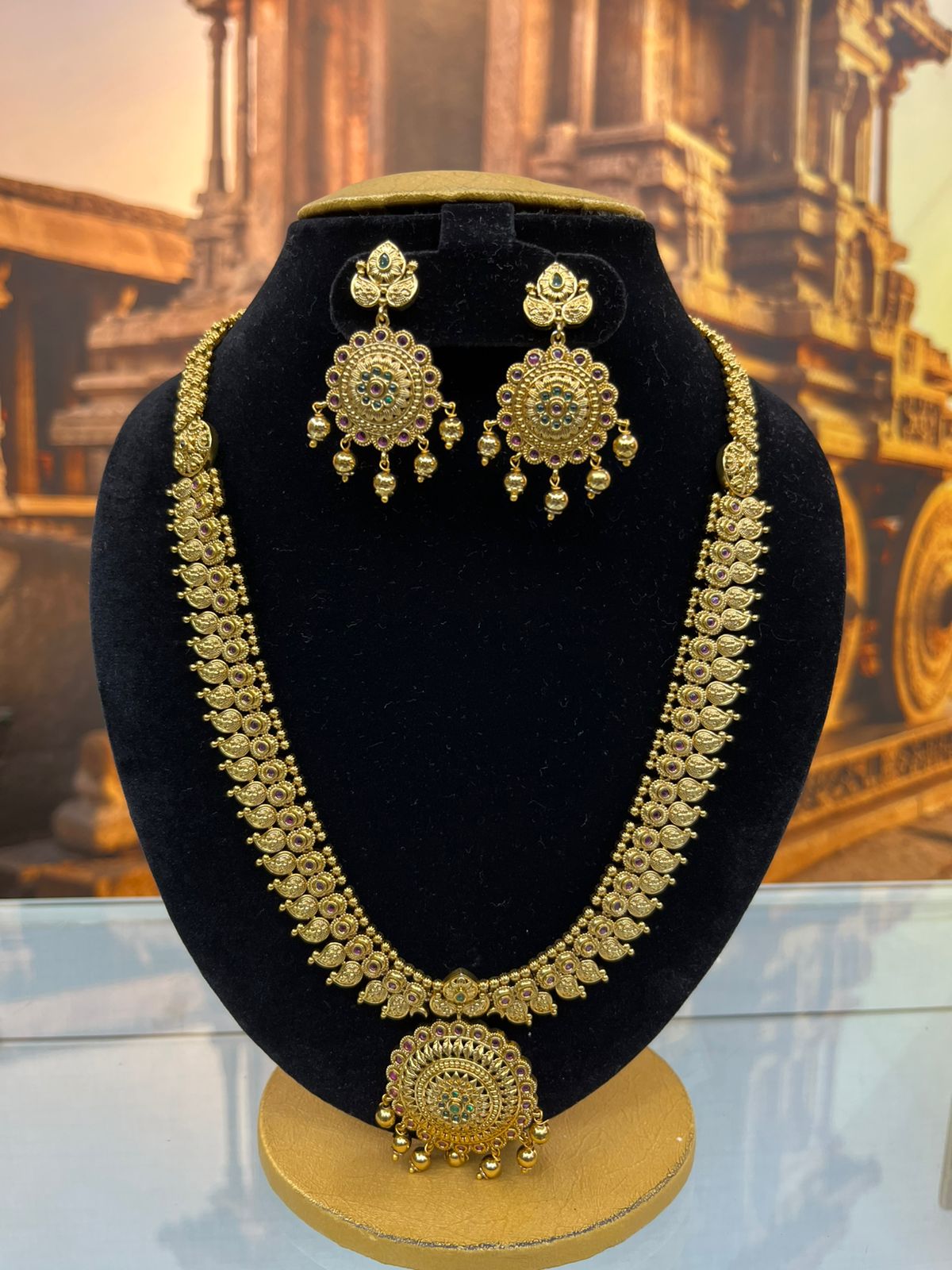 Gold Plated Long Temple Necklace Set