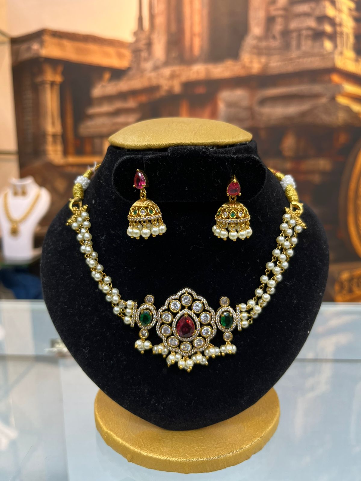 Gold Plated Pearl Choker NEcklace Set