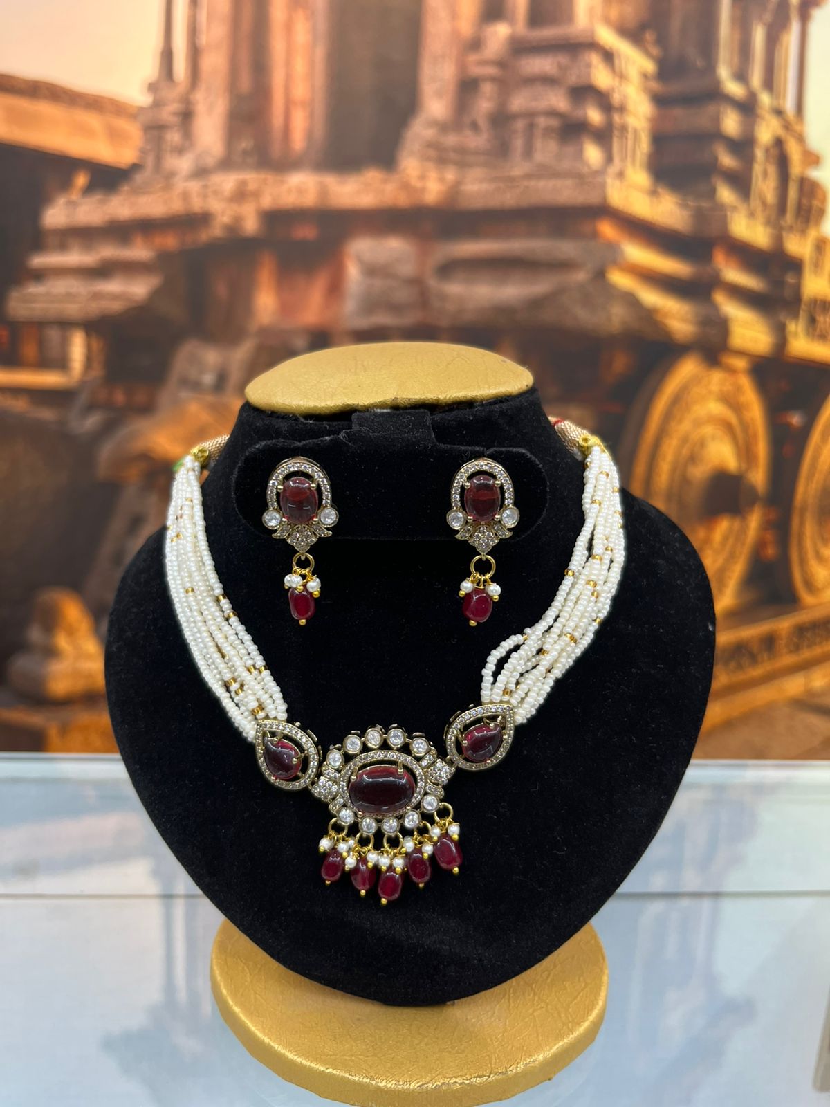 Gold Plated Mossanite with Pearl Choker Necklace set Green Stone