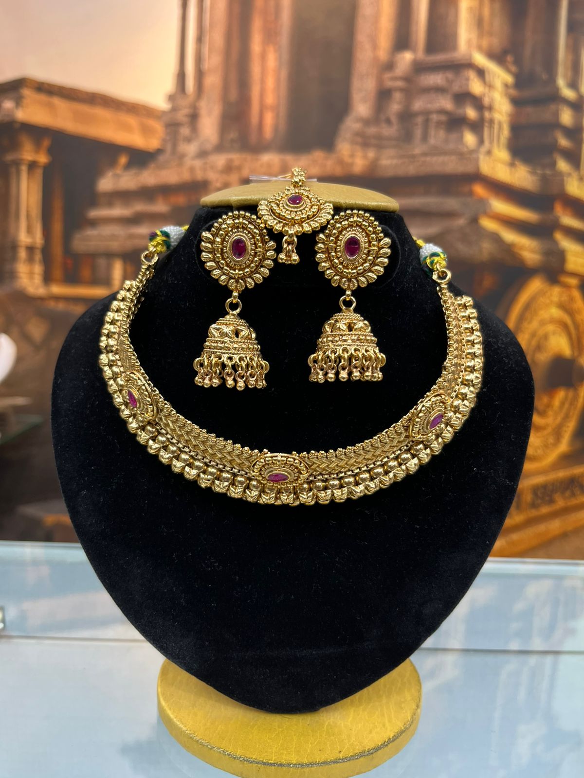 Gold Plated Choker Necklace Set with Tikka