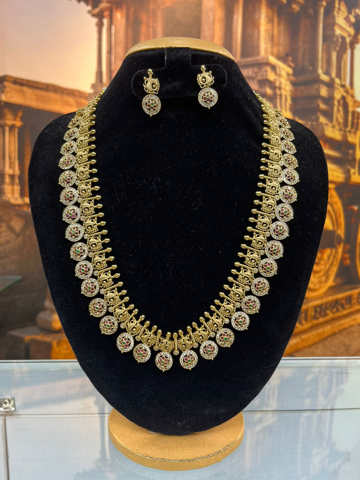 Gold Plated Premium CZ Long Haram Necklace Set