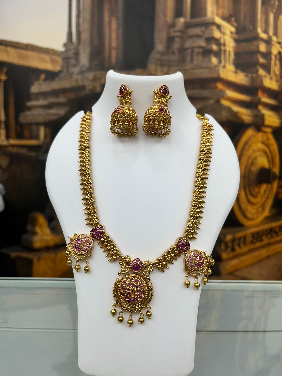 Premium Gold Plated Medium Length Temple necklace Set