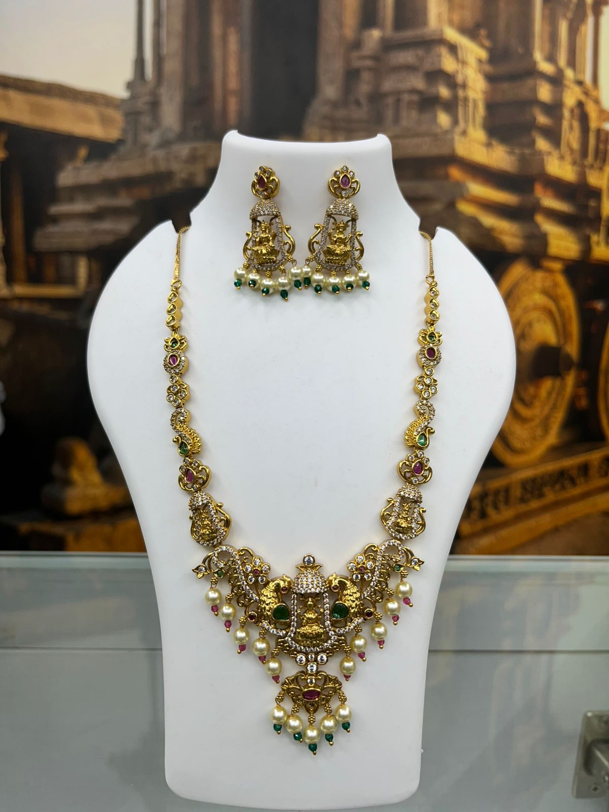 Premium Gold Plated CZ Temple Long Necklace Set