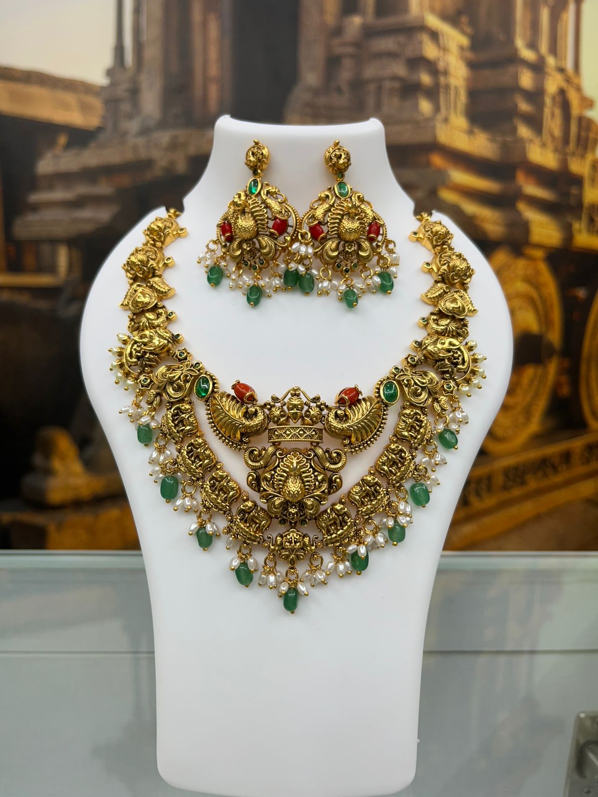 Premium Gold Plated Medium Length Peacock Temple necklace Set