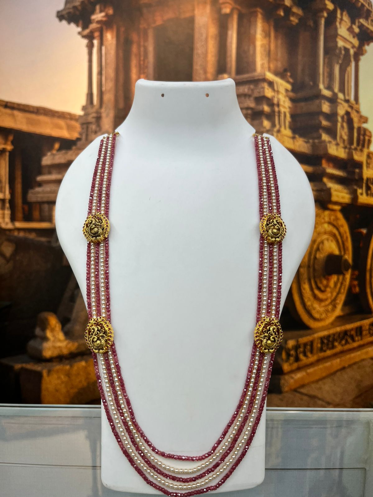5 Line Maala of 2 line pearl and 3 line stone Necklace set with 2 pairs of Mopu