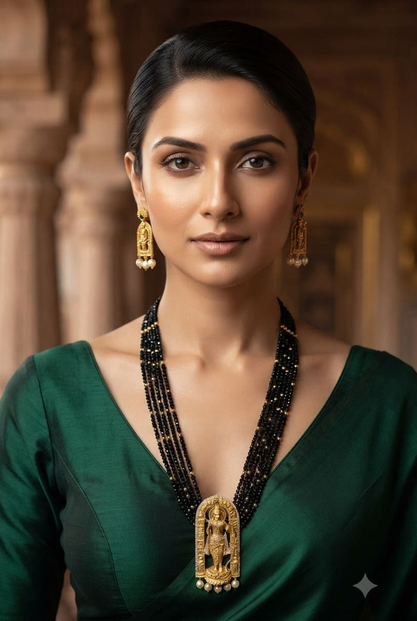 Multilayer Black Onyx Maala with Ram Pendant and earrings