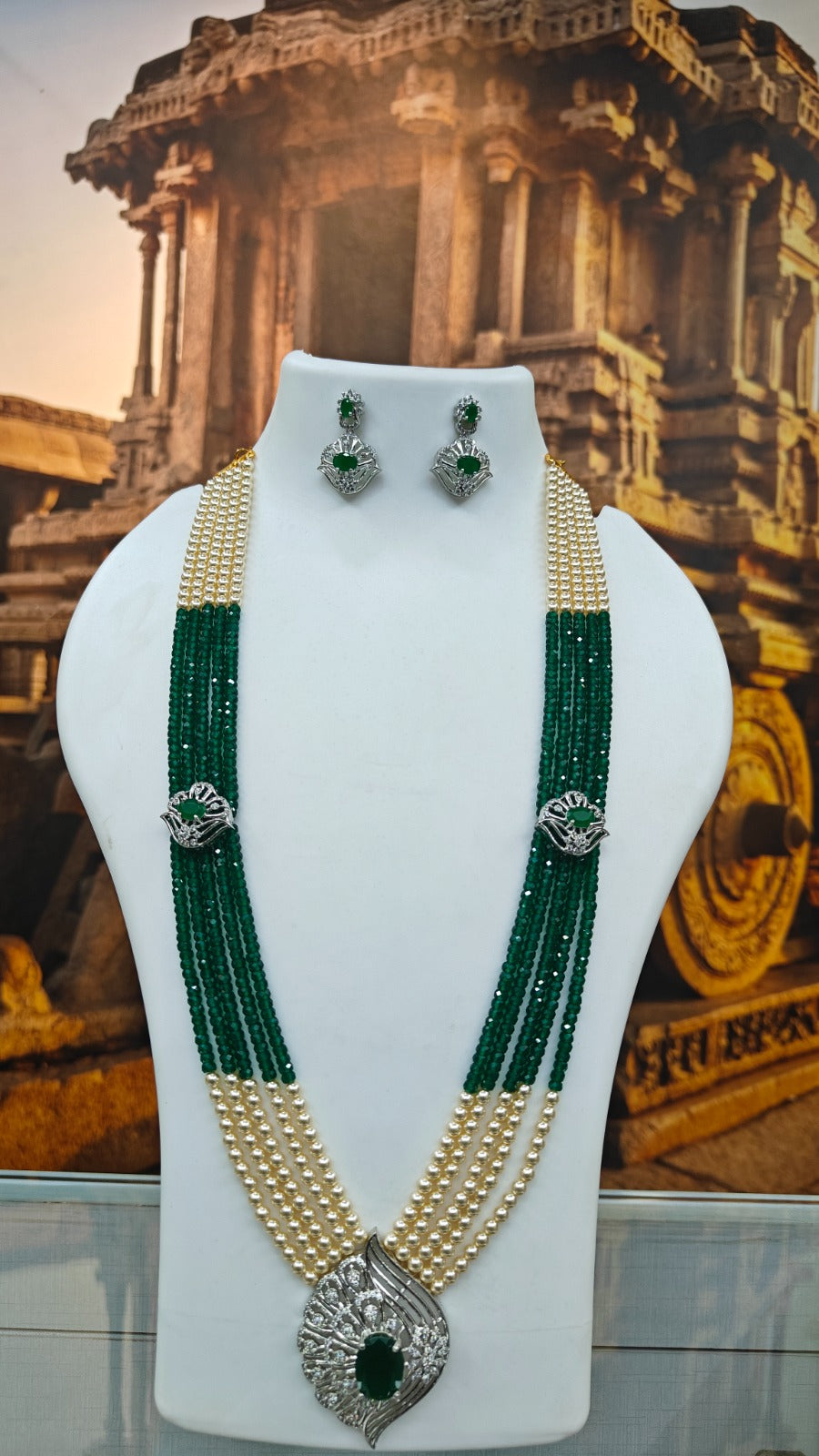 Green Onyx 5 lines with pearls and CZ pendant with earrings Necklace Set