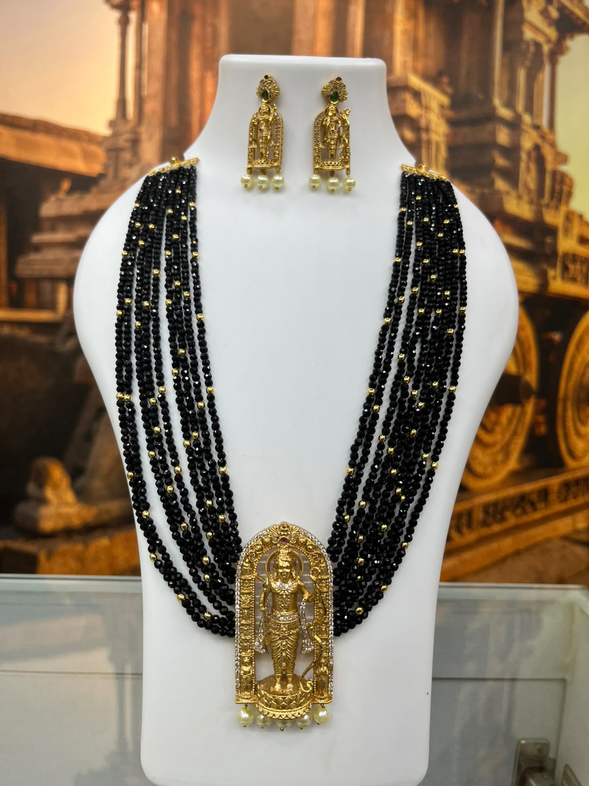 Multilayer Black Onyx Maala with Ram Pendant and earrings