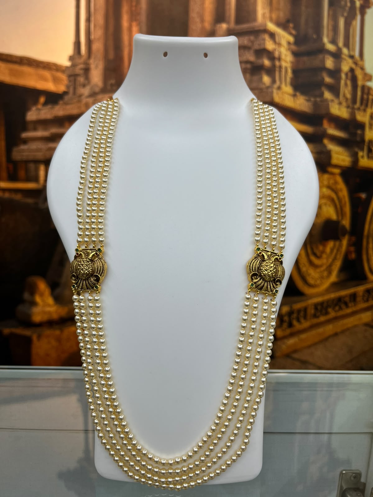 22 inches 4 line 4mm Swarovski Pearl maala with 2 sides gandabaranda mopu