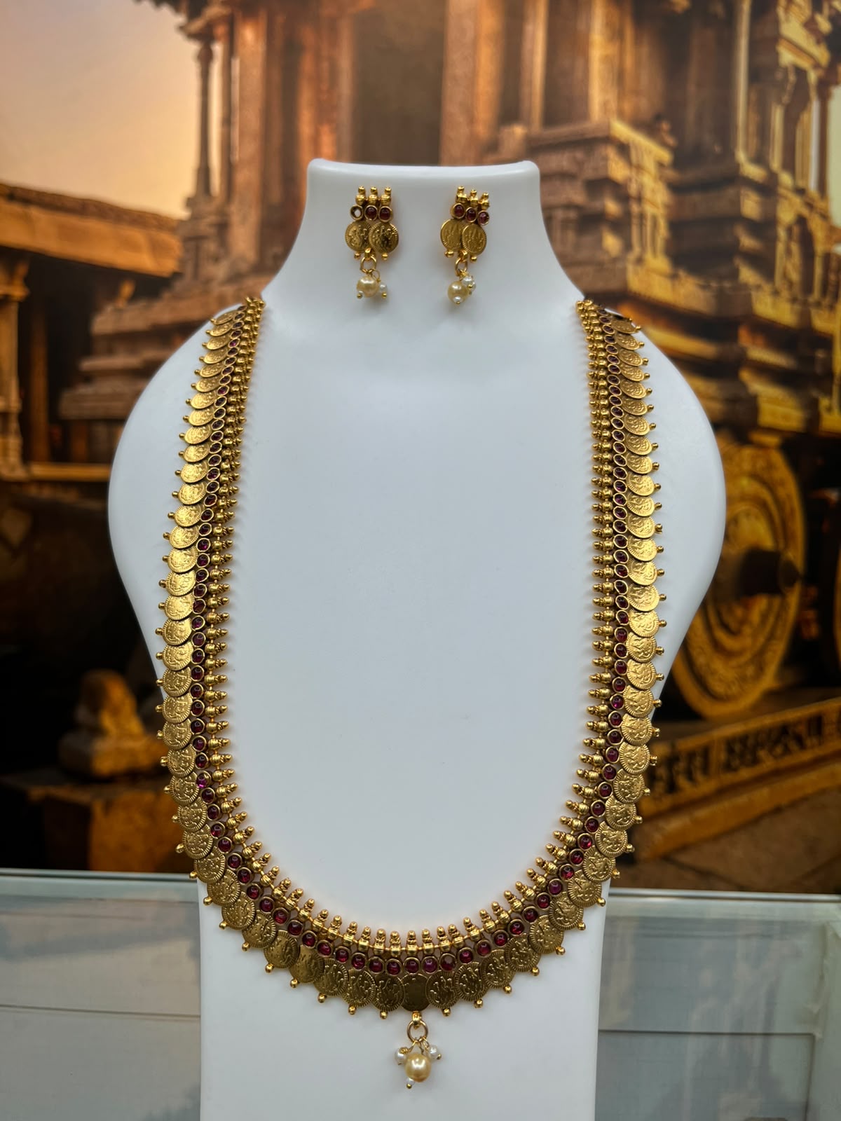Gold Plated Long kasu Necklace with Red Stones
