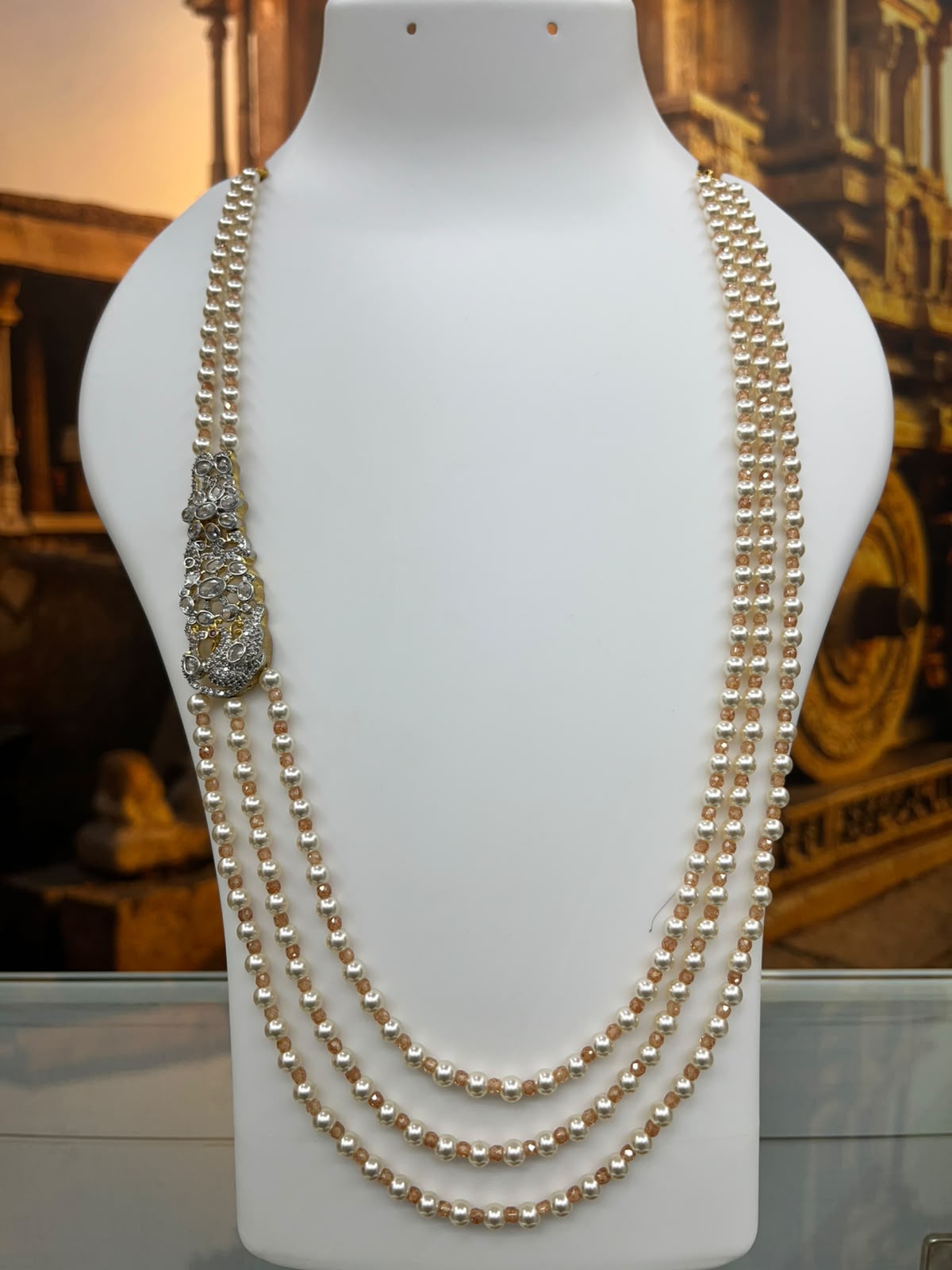 Premium 3 Line 5mm Pearl Maala with Single Long CZ Pendant
