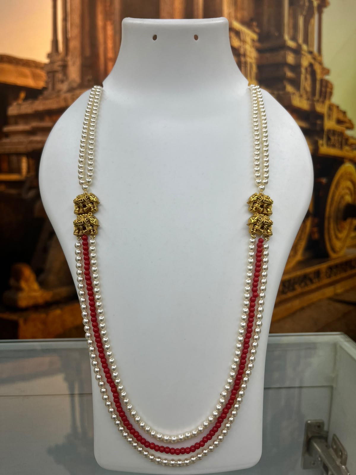 Premium 3 Line 4mm Hyderabadi Pearl Maala with Mopu and Coral