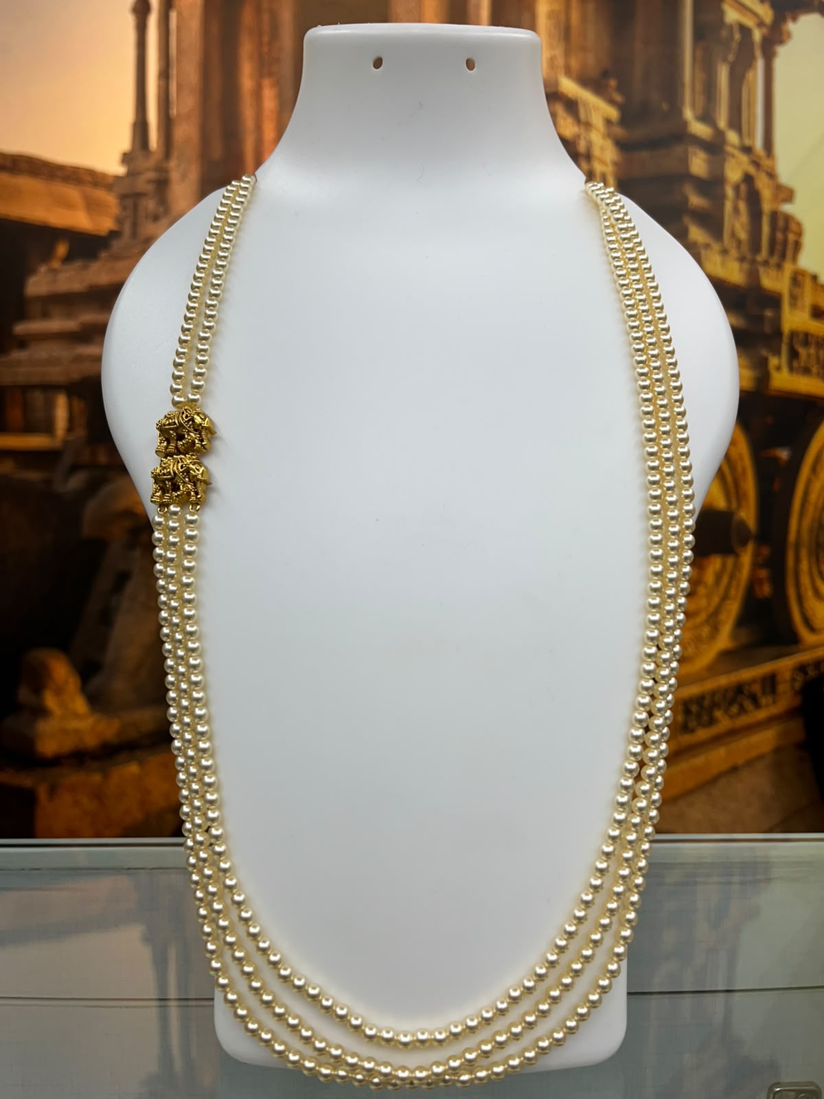 3 Line Swarovski Pearl Maala with Elephants Mopu