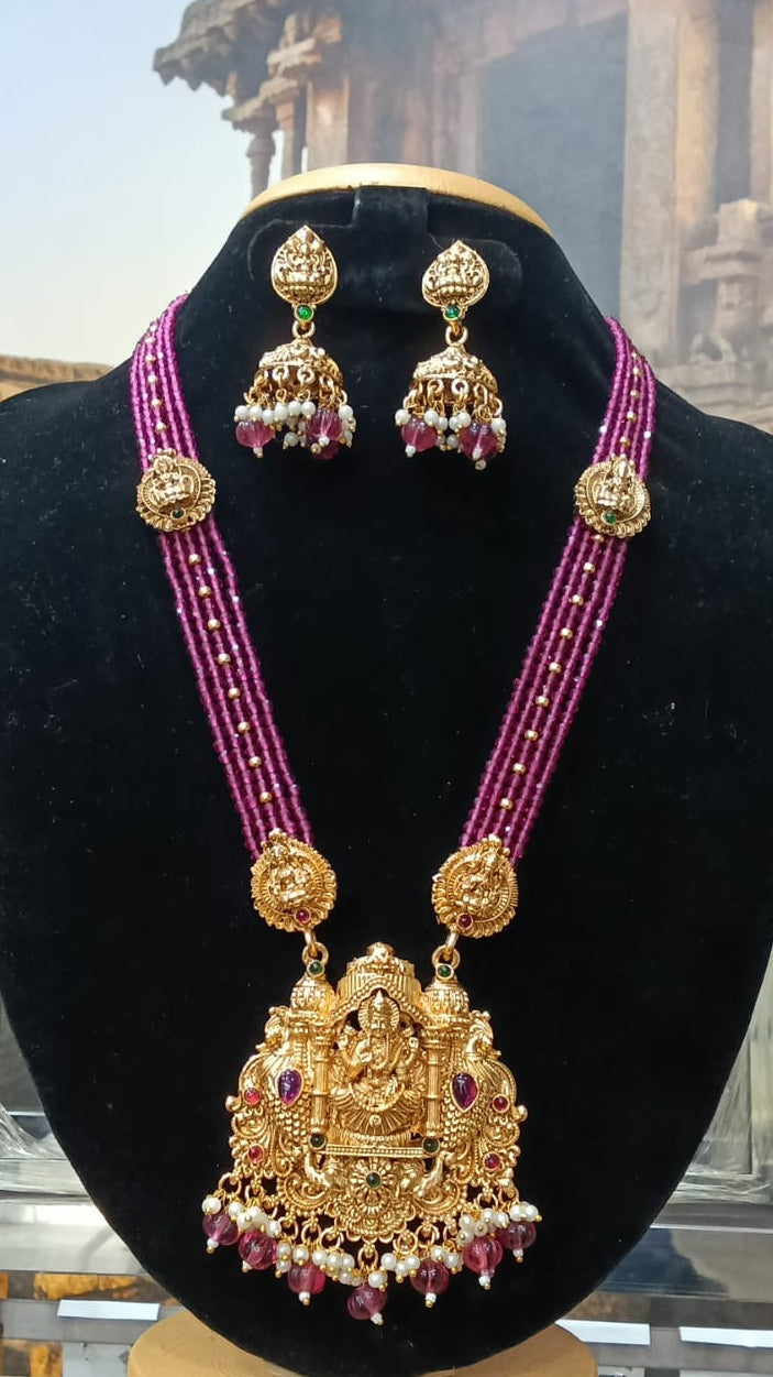 Gold Plated premium Necklace Set with Maroon crystal Maala